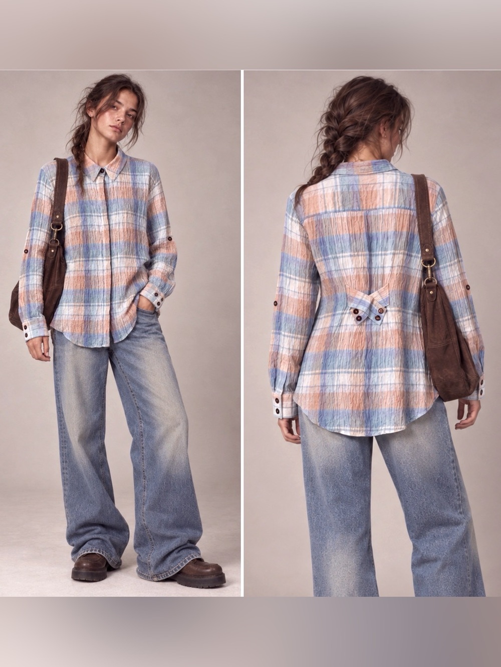 Soft Surroundings 100% Linen Plaid Button Up Shirt L Tunic VTG Fairy Grunge Y2K